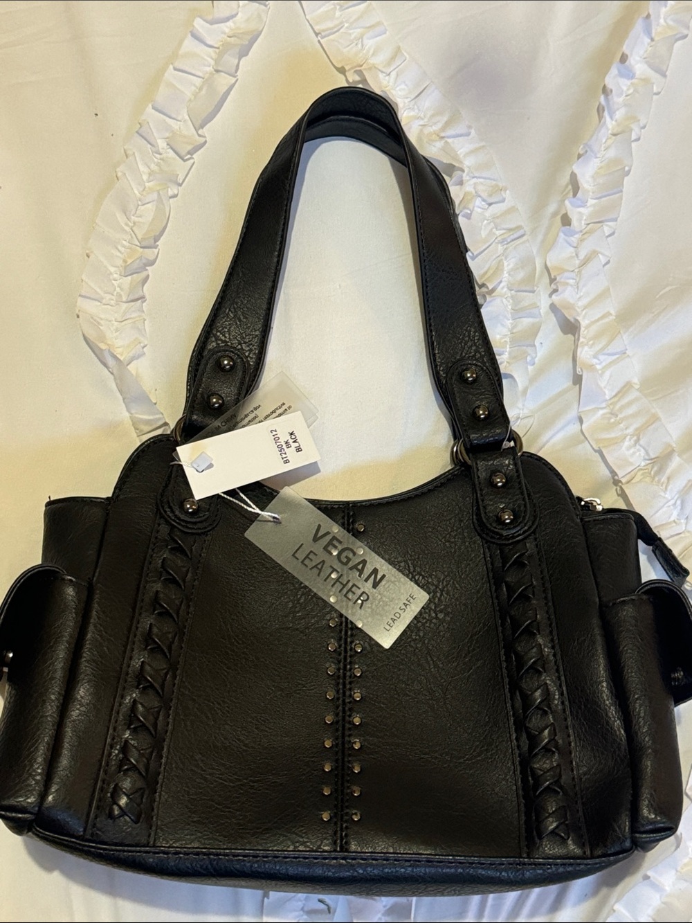 Vegan Leather Shoulder Bag with Braided Trim